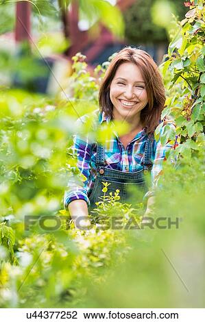 Stock Image - Portrait of smiling mature woman checking plants in the garden. Fotosearch