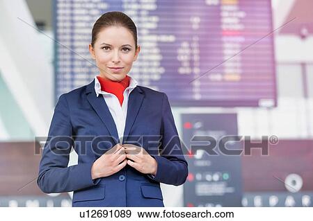 Portrait of young attractive flight attendant standing against flight display monitor in airport View Large Photo Image Stock Photo - Portrait of young attractive flight attendant standing against flight display monitor in airport. Fotosearch