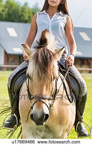 Stock Photograph - Portrait of young attractive woman riding horse in ranch. Fotosearch