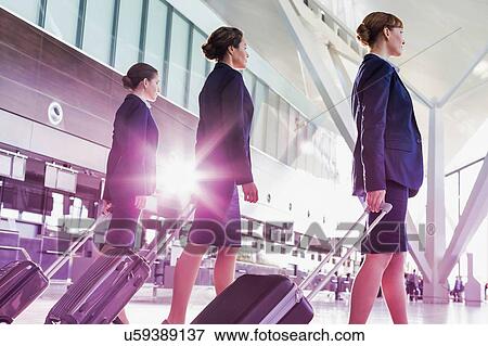 Portrait of young beautiful confident flight attendants walking in airport View Large Photo Image Stock Photo - Portrait of young beautiful confident flight attendants walking in airport. Fotosearch