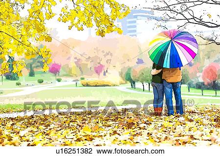 Rear view of man holding umbrella while enjoying the lovely view with his wife in park View Large Photo Image Stock Image - Rear view of man holding umbrella while enjoying the lovely view with his wife in park. Fotosearch