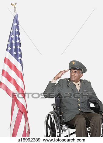 Senior male US military officer in wheelchair saluting American flag over gray background View Large Photo Image Stock Photo - Senior male US military officer in wheelchair saluting American flag over gray background. Fotosearch