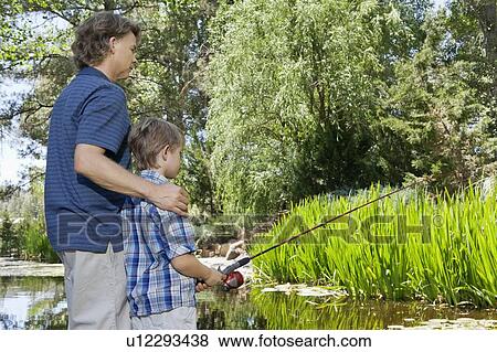 Side view of father and son fishing countryside View Large Photo Image Stock Photo - Side view of father and son fishing countryside. Fotosearch