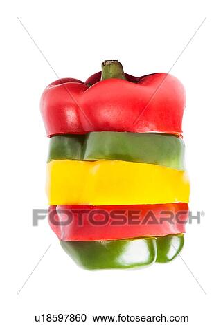 Slices of yellow green and red peppers making up one large pepper View Large Photo Image Stock Image - Slices of yellow green and red peppers making up one large pepper. Fotosearch