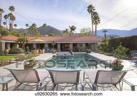 Stock Photography - Swimming pool outside luxurious country house. Fotosearch