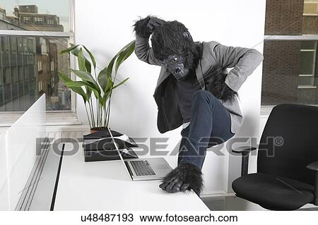 Stock Image - Thoughtful young man in gorilla costume looking at laptop at office. Fotosearch