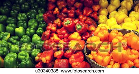 Variety of bell peppers on display for sale in market View Large Photo Image Stock Photography - Variety of bell peppers on display for sale in market. Fotosearch
