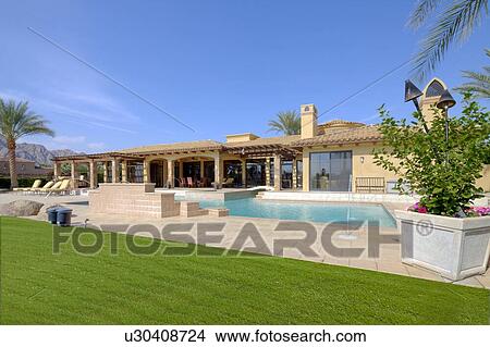 Picture - View of manor house with swimming pool in foreground. Fotosearch
