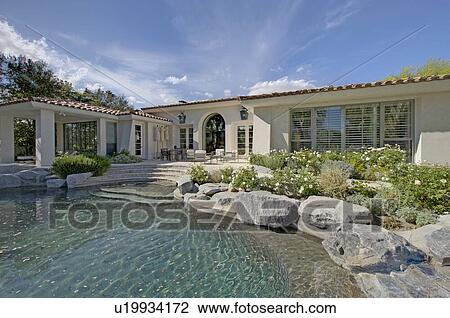 Stock Image - View of swimming pool of luxury mansion. Fotosearch