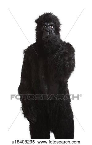Stock Photography - Young man in a gorilla costume picking his nose against white background. Fotosearch