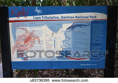 Stock Photography - Close-up of information signboard, Daintree National Park, Cape Tribulation, Far North Queensland, Queensland, Australia. Fotosearch