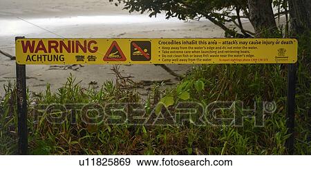 Stock Photo - Crocodile warning sign on the beach, Thornton Beach, Far North Queensland, Queensland, Australia. Fotosearch