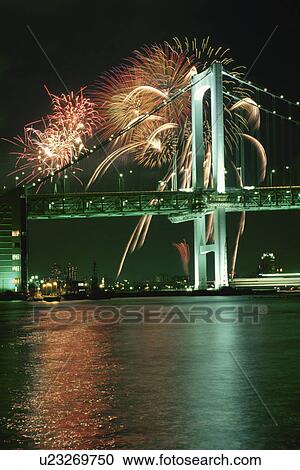 Rainbow Bridge And Fireworks View Large Photo Image Stock Image - Rainbow Bridge And Fireworks. Fotosearch