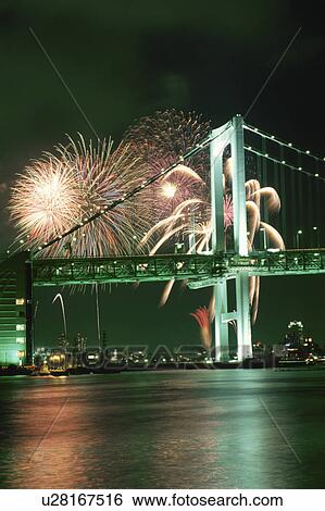 Stock Photograph - Rainbow Bridge And Fireworks. Fotosearch