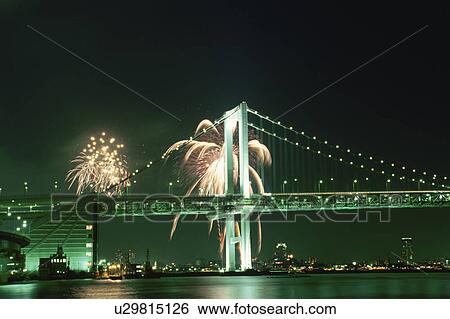 Stock Photograph - Rainbow Bridge And Fireworks. Fotosearch