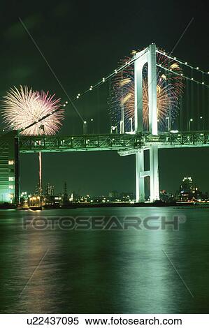 Stock Photography - Rainbow Bridge And Fireworks. Fotosearch
