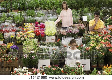 Stock Image - Three customers in flower shop. Fotosearch