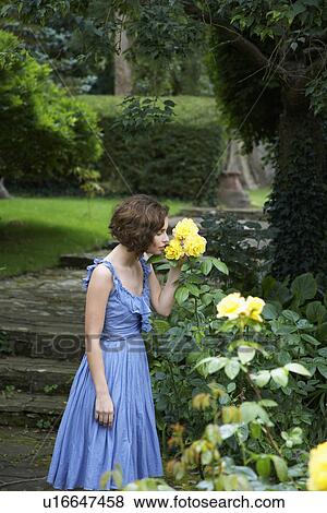 Young woman smelling flowers in garden View Large Photo Image Stock Photo - Young woman smelling flowers in garden. Fotosearch
