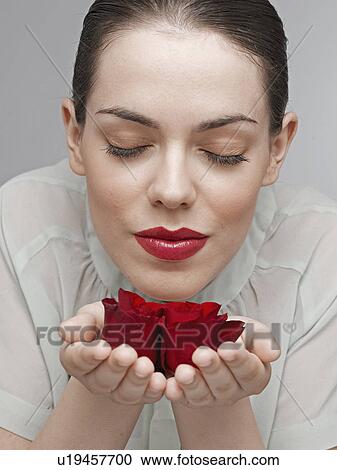 Young woman smelling red roses View Large Photo Image Stock Image - Young woman smelling red roses. Fotosearch