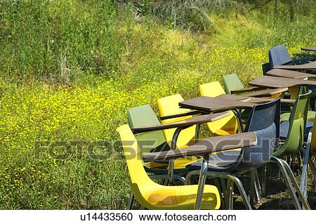 Stock Image - Bunch of old school chairs in grassy field. Fotosearch