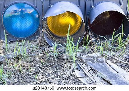 Stock Photo - Old traffic light on ground.. Fotosearch