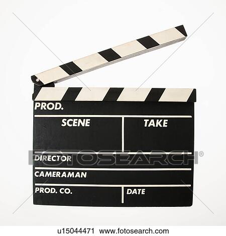 Stock Image - Movie scene clapboard with blank copy space against white background.. Fotosearch