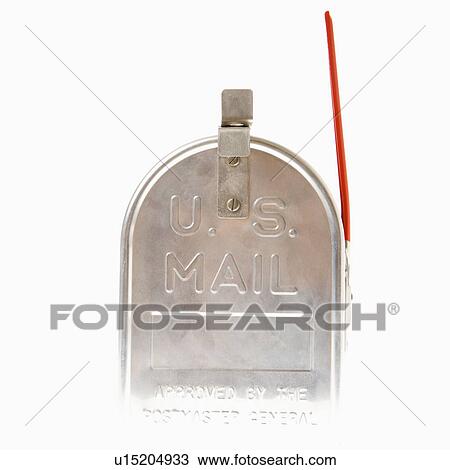 Stock Image - Shiny silver metal mailbox with flag up. Fotosearch