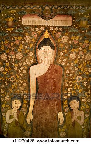 Stock Photograph - Buddha and two disciples on old temple cotton scroll from Thailand. Fotosearch