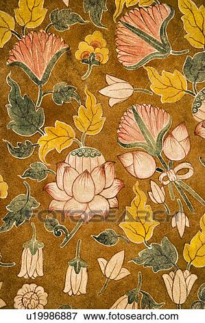 Stock Photo - Detail of floral pattern on old temple cotton scroll from Thailand.. Fotosearch