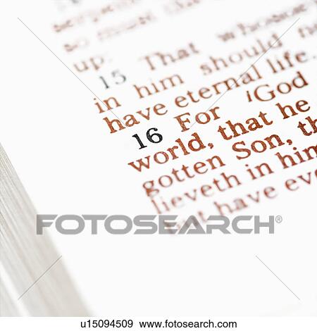 Stock Photo - Selective focus of verses in open Holy Bible. Fotosearch