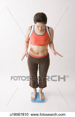 Mid adult woman standing on bathroom scale View Large Photo Image Stock Image - Mid adult woman standing on bathroom scale. Fotosearch