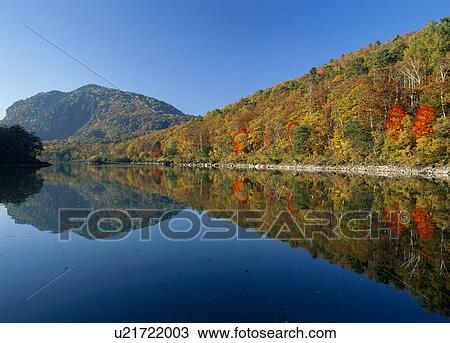 Stock Image - "Autumn Leaves And Pond, Nagano, Japan". Fotosearch