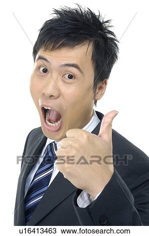 Businessman showing thumbs up with his mouth open View Large Photo Image Stock Image - Businessman showing thumbs up with his mouth open. Fotosearch