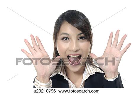 Stock Photograph - Businesswoman showing her palms. Fotosearch