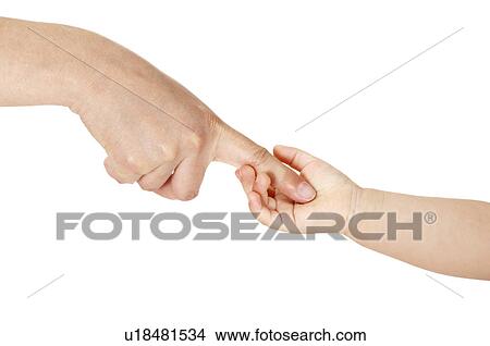 Picture - Close-up of baby hand holding human finger. Fotosearch