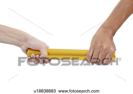 Stock Image - Human hands holding relay baton together. Fotosearch