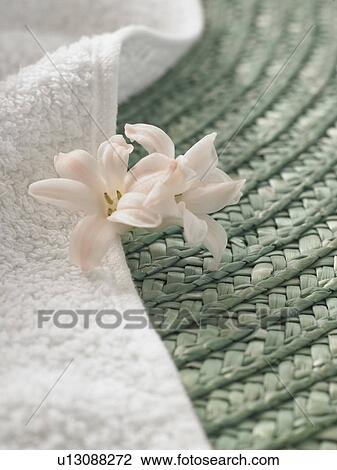 Stock Image - Flower decoration on top of a towel. Fotosearch