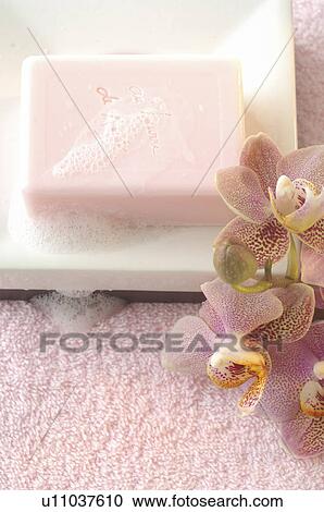 Stock Image - Foamy soap bar decorated with an orchid on a soap dish. Fotosearch