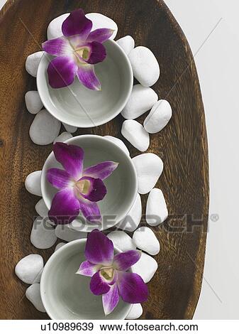 Stock Photo - Wooden bowl decorated with pebbles and flowers in porcellain bowls. Fotosearch