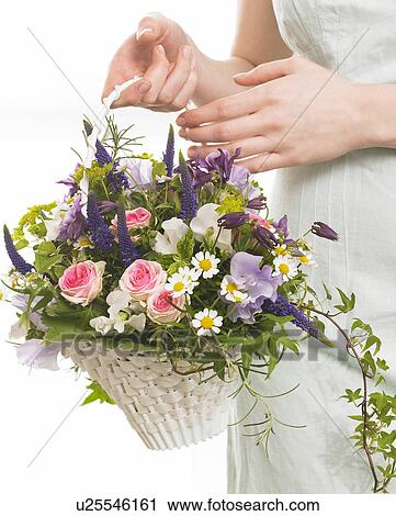 Stock Image - Arrangement of roses, sweet pea, columbine and veronica. Fotosearch