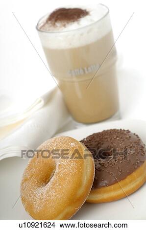 Coffee with milk with doughnuts View Large Photo Image Picture - Coffee with milk with doughnuts. Fotosearch
