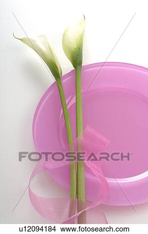 Picture - Pink plate decorated with flowers. Fotosearch