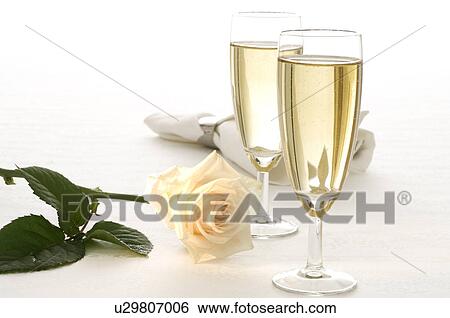 Two glasses of sparkling wine and a white rose View Large Photo Image Stock Photograph - Two glasses of sparkling wine and a white rose. Fotosearch