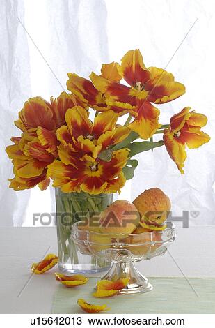 Stock Image - tulip bouquet and dish with apples. Fotosearch