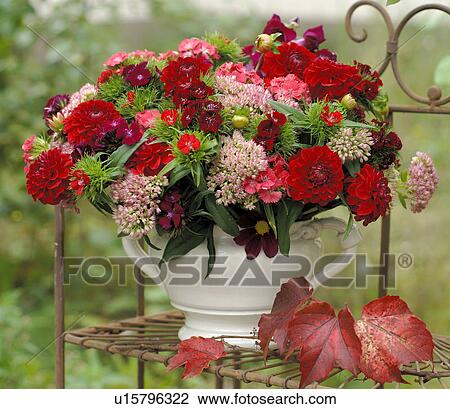 Stock Image - Red bunch of flowers with Dahlias. Fotosearch