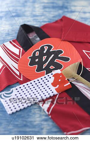 Stock Image - Happi Coat, Tenugui and Fan. Fotosearch
