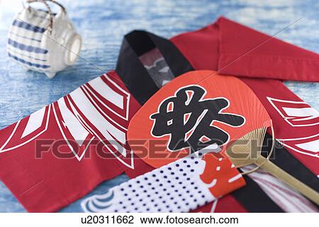 Stock Image - Happi Coat, Tenugui and Fan. Fotosearch