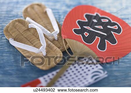 Stock Image - Zori, Tenugui and Fan. Fotosearch