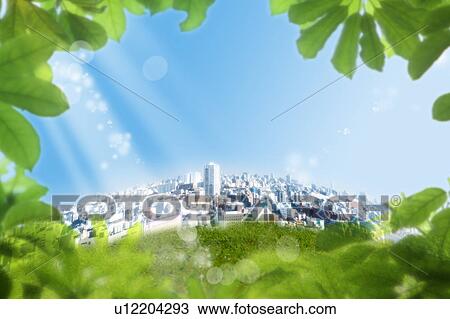 Stock Image - Lohas, Environmental Conservation, Digitally generated image of buildings and green leaves in the sunshine. Fotosearch