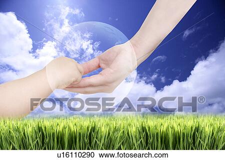 Lohas, Environmental Conservation, Digitally generated image of human hand holding baby's hand with grass and blue sky in background View Large Photo Image Stock Image - Lohas, Environmental Conservation, Digitally generated image of human hand holding baby's hand with grass and blue sky in background. Fotosearch